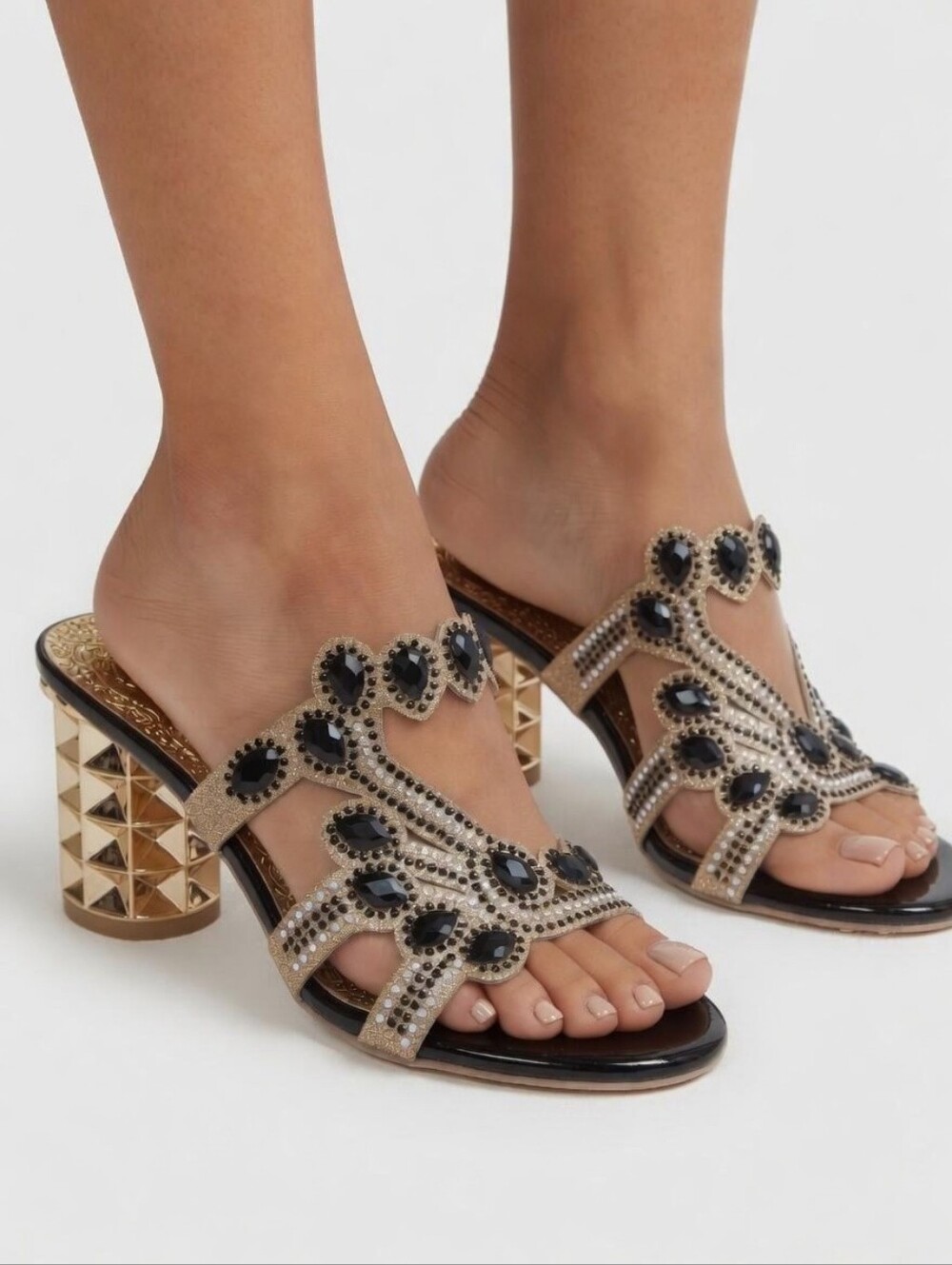 Maximalist Beaded Gold Glitter Rhinestone Black Gem Heeled Mule Sandals